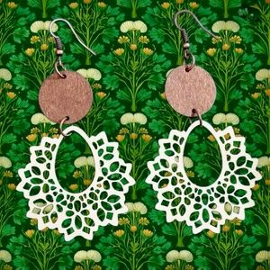 White Filigree Wood Dangle Earrings